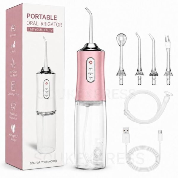 Hydropulseur Dentaire Portable Sans Fil – 3 Modes & 4 Buses – Rose